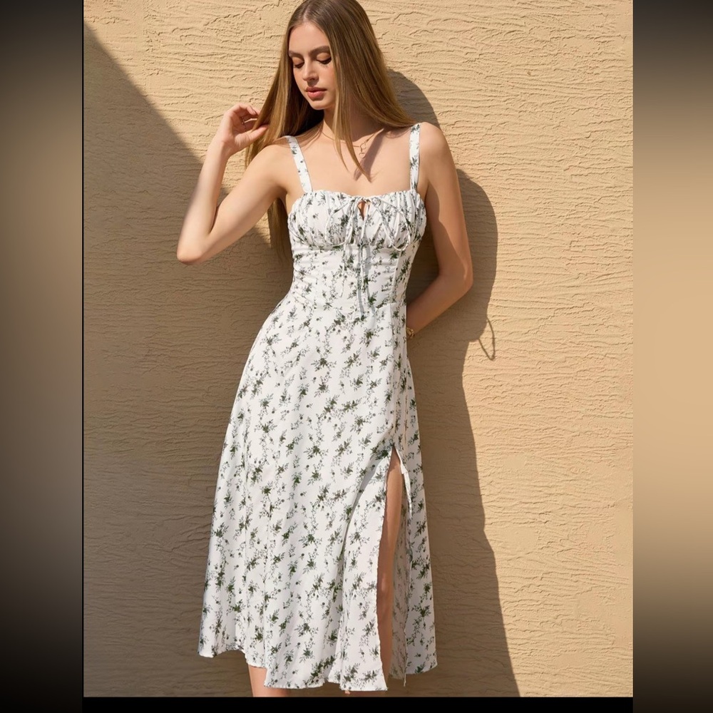 Elegant Black and White Floral Midi Dress Sz L